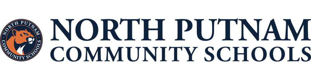 North Putnam Community Schools logo of an orange cougar on a navy blue background.