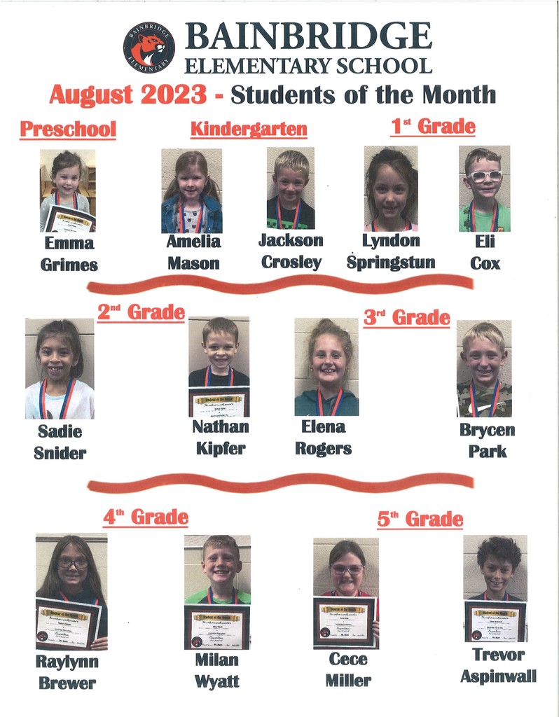 Bainbridge Elementary Students of the Month for August 2023